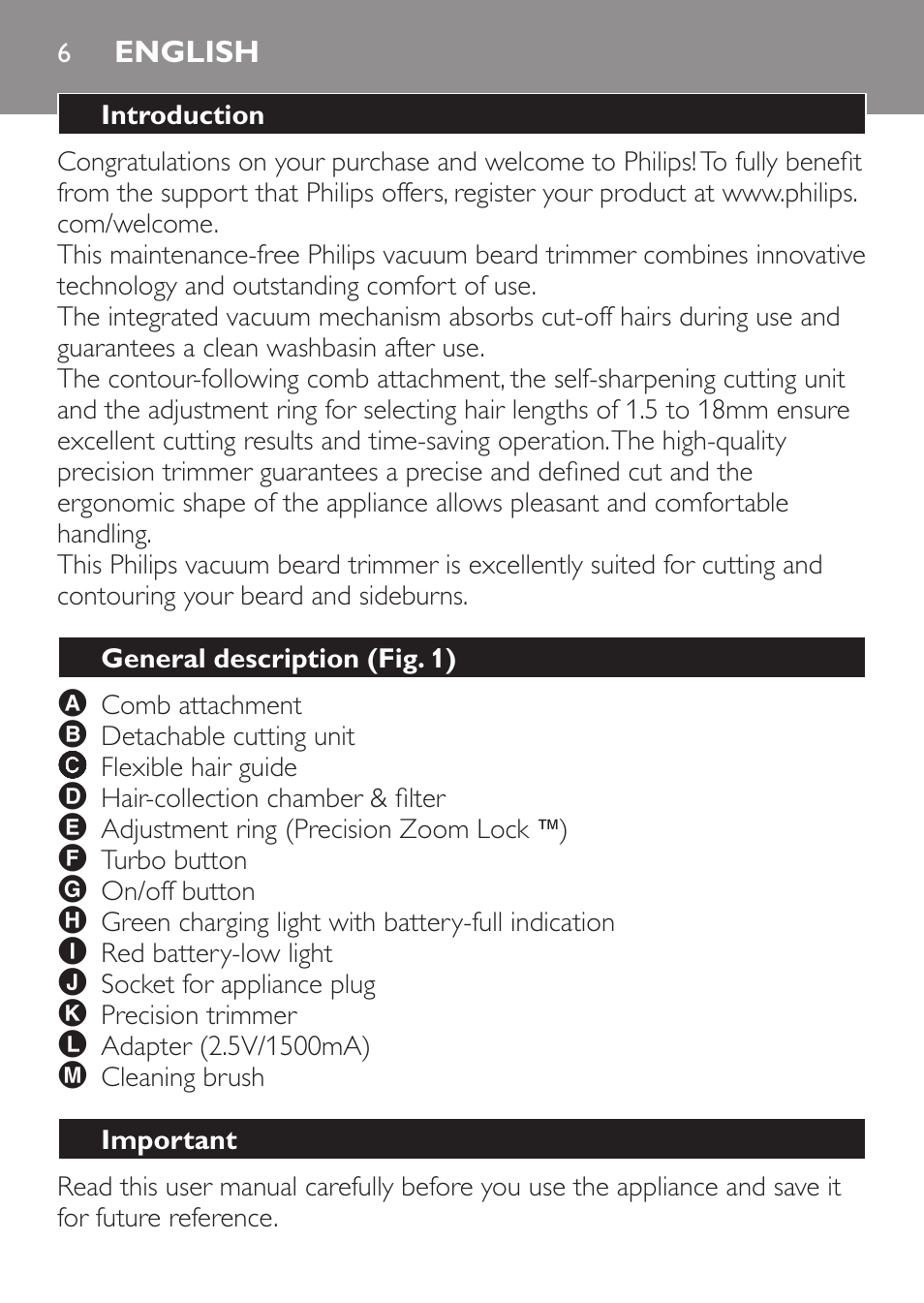 English, Introduction, General description (fig. 1) | Important | Philips BEARDTRIMMER Series 7000 barbero con sistema de aspiración turbo User Manual | Page 6 / 136