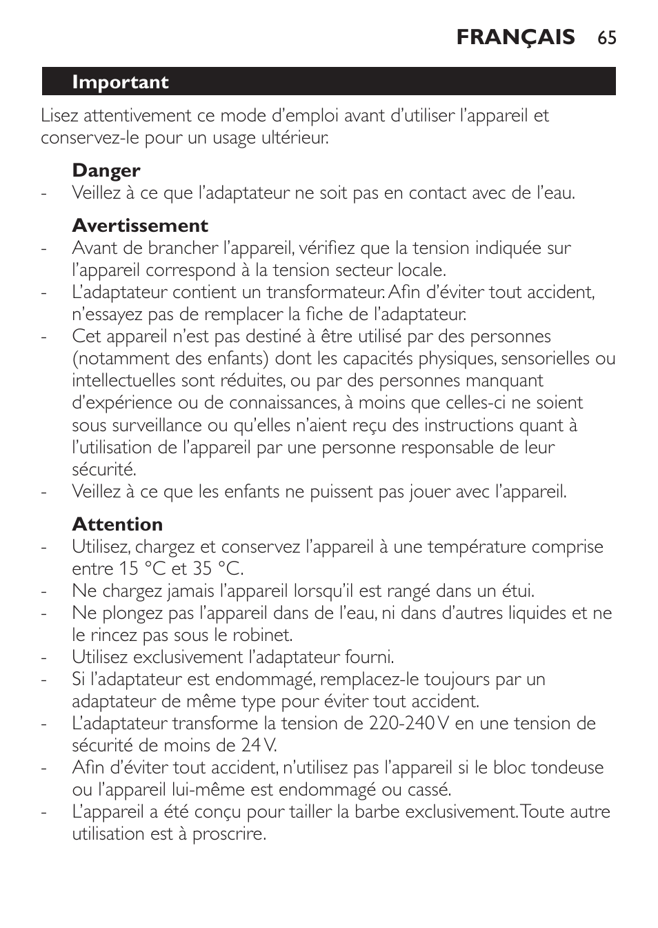 Danger, Avertissement, Attention | Important | Philips BEARDTRIMMER Series 7000 barbero con sistema de aspiración turbo User Manual | Page 65 / 136