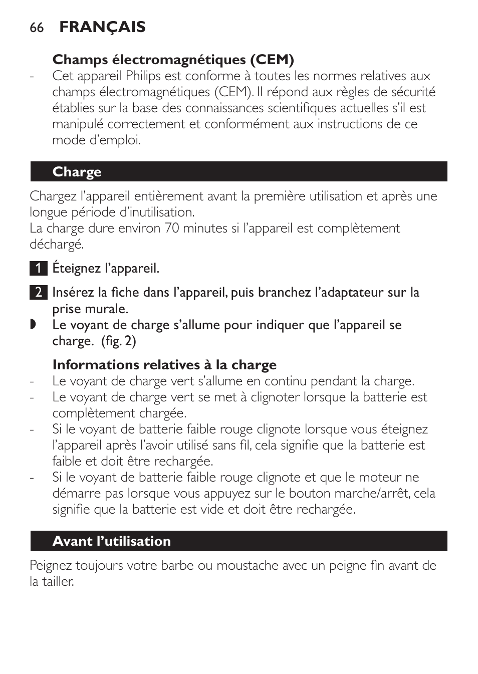 Champs électromagnétiques (cem), Informations relatives à la charge, Charge | Avant l’utilisation | Philips BEARDTRIMMER Series 7000 barbero con sistema de aspiración turbo User Manual | Page 66 / 136