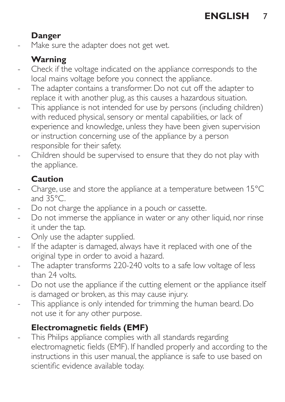 Danger, Warning, Caution | Electromagnetic fields (emf) | Philips BEARDTRIMMER Series 7000 barbero con sistema de aspiración turbo User Manual | Page 7 / 136