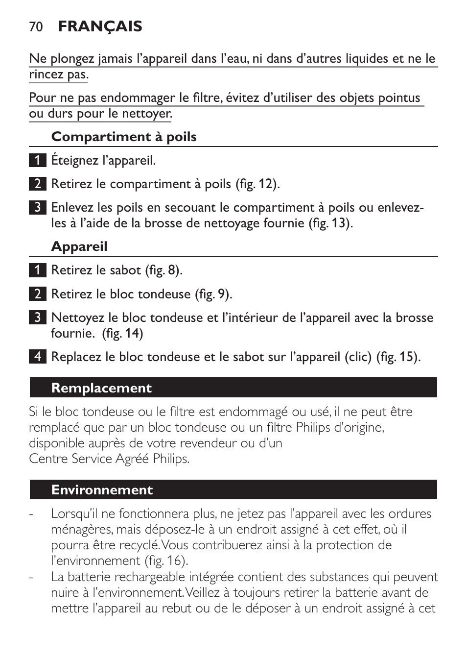 Compartiment à poils, Appareil, Remplacement | Environnement | Philips BEARDTRIMMER Series 7000 barbero con sistema de aspiración turbo User Manual | Page 70 / 136
