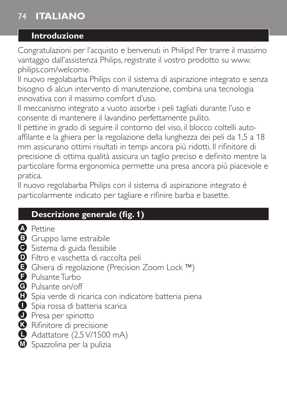 Italiano, Introduzione, Descrizione generale (fig. 1) | Philips BEARDTRIMMER Series 7000 barbero con sistema de aspiración turbo User Manual | Page 74 / 136