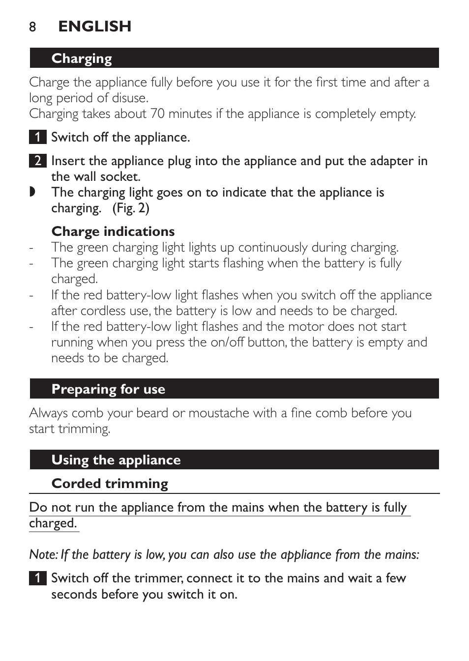 Charging, Charge indications, Preparing for use | Using the appliance, Corded trimming | Philips BEARDTRIMMER Series 7000 barbero con sistema de aspiración turbo User Manual | Page 8 / 136