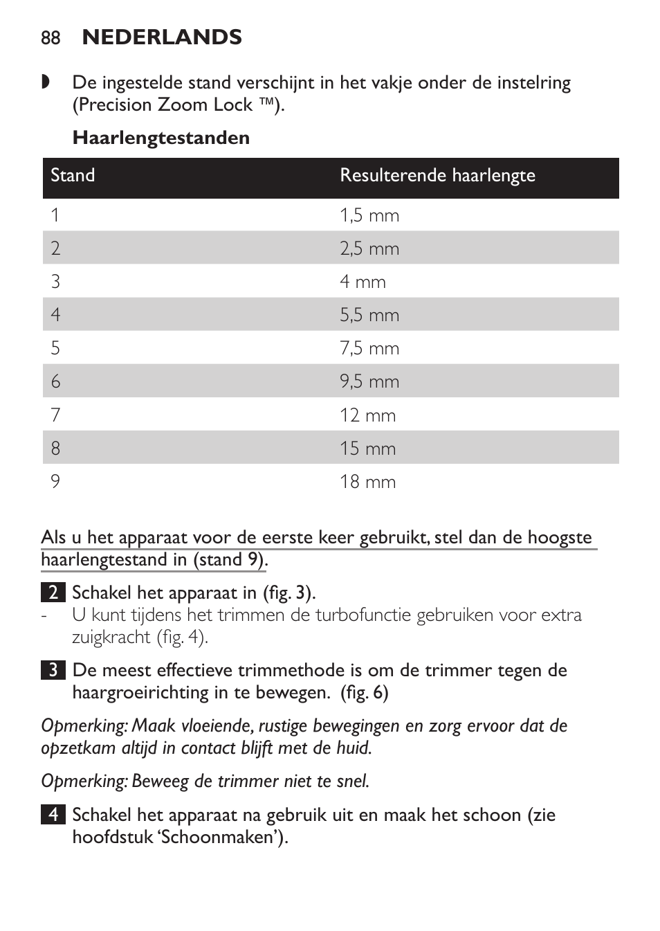 Haarlengtestanden | Philips BEARDTRIMMER Series 7000 barbero con sistema de aspiración turbo User Manual | Page 88 / 136