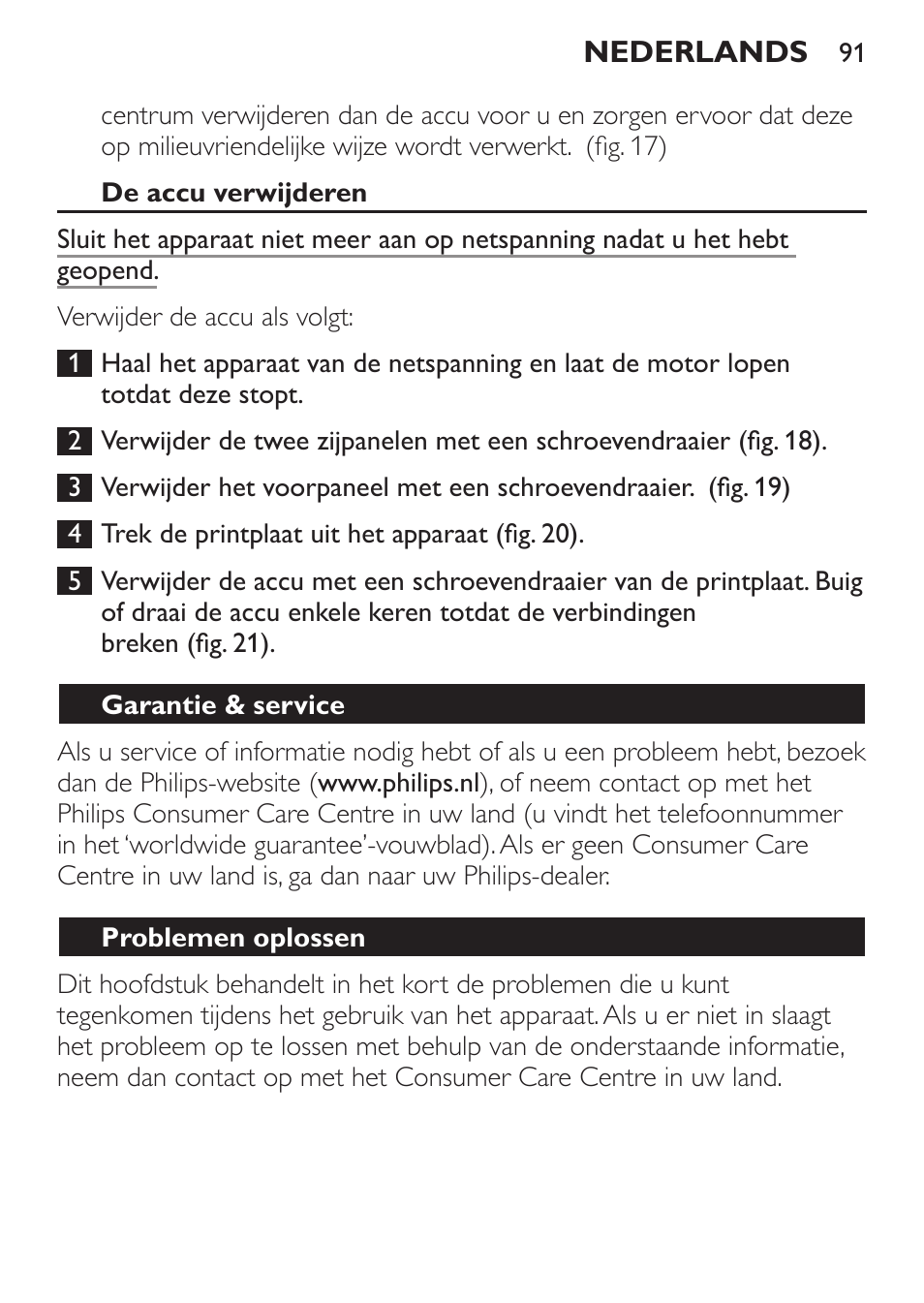 De accu verwijderen, Garantie & service, Problemen oplossen | Philips BEARDTRIMMER Series 7000 barbero con sistema de aspiración turbo User Manual | Page 91 / 136
