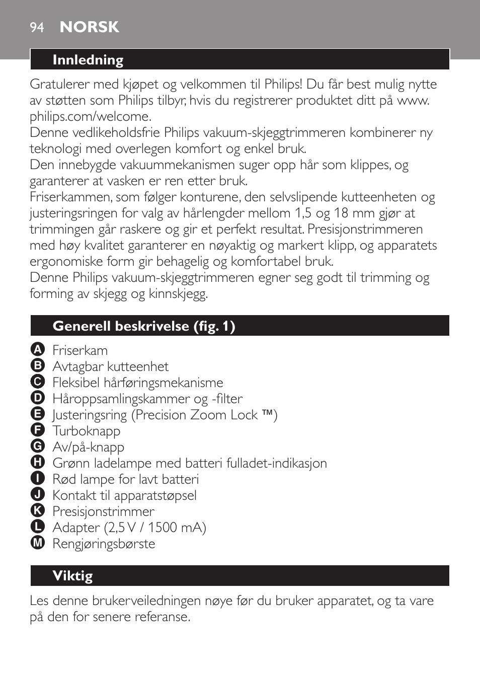 Norsk, Innledning, Generell beskrivelse (fig. 1) | Viktig | Philips BEARDTRIMMER Series 7000 barbero con sistema de aspiración turbo User Manual | Page 94 / 136