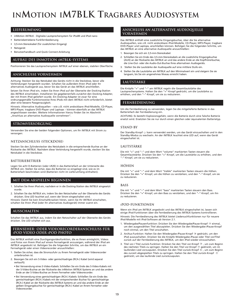 M7blk t, Otion i, Ragbares | Udiosystem | Altec Lansing iM7 BLK User Manual | Page 19 / 36