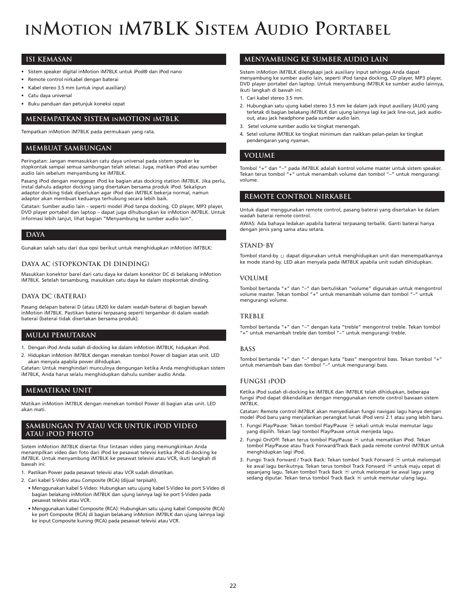 M7blk s, Otion i, Istem | Udio, Ortabel | Altec Lansing iM7 BLK User Manual | Page 22 / 36