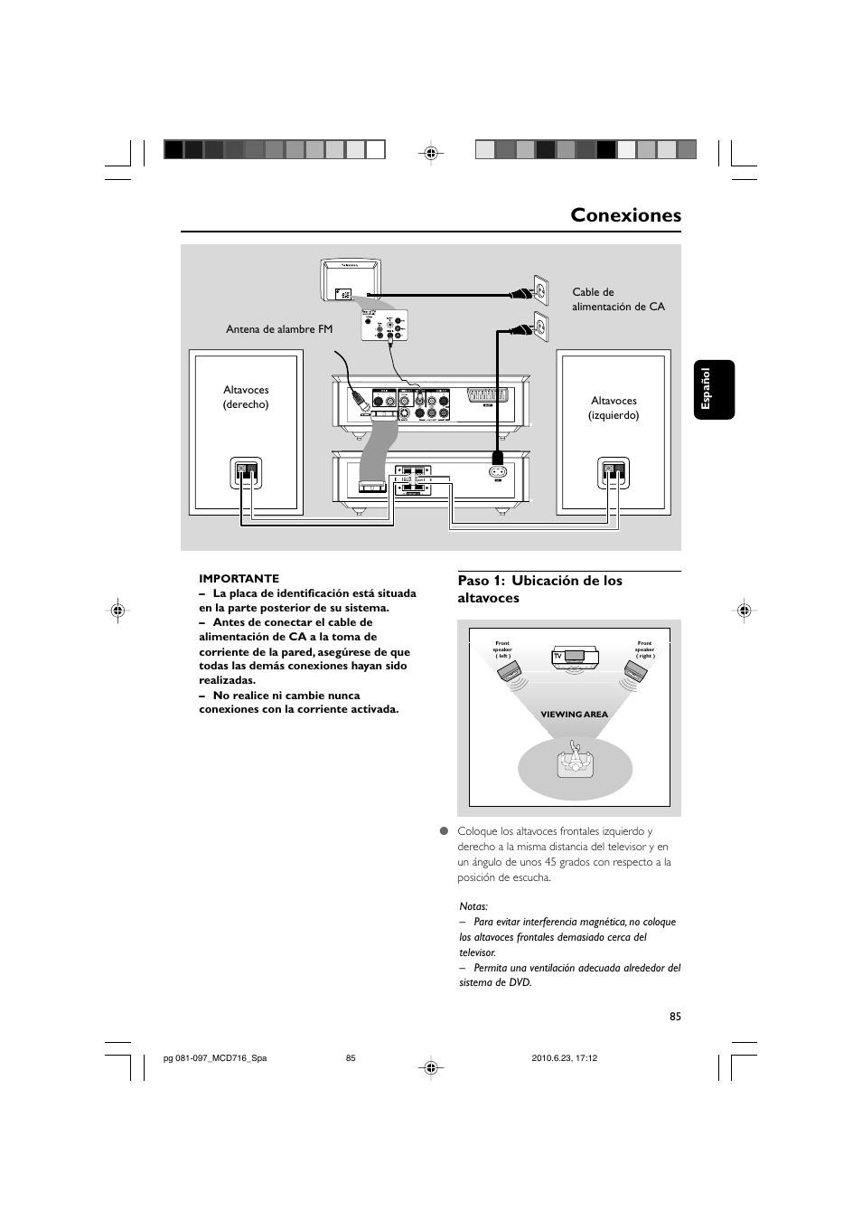 Conexiones, Paso 1: ubicación de los altavoces | Philips Sistema Hi-Fi con componentes DVD User Manual | Page 10 / 44