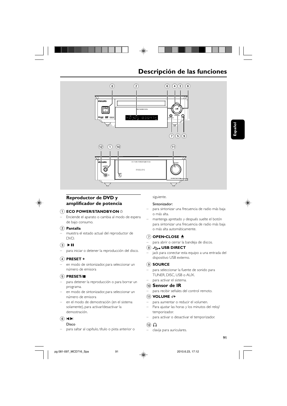 Descripción de las funciones | Philips Sistema Hi-Fi con componentes DVD User Manual | Page 16 / 44