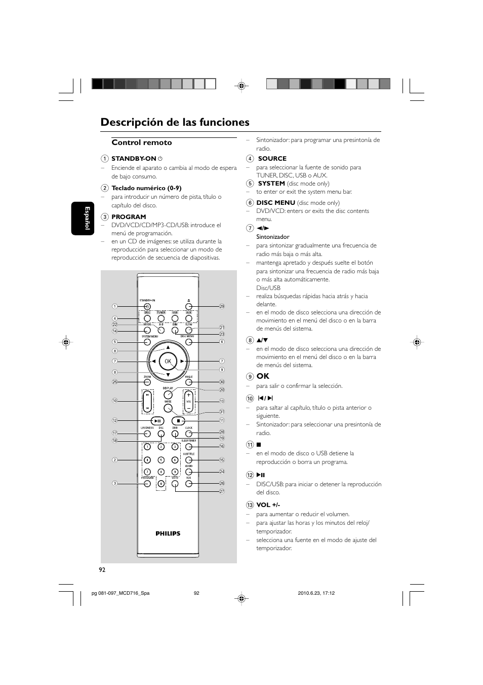 Descripción de las funciones, Control remoto 1, 9 ok | Philips Sistema Hi-Fi con componentes DVD User Manual | Page 17 / 44