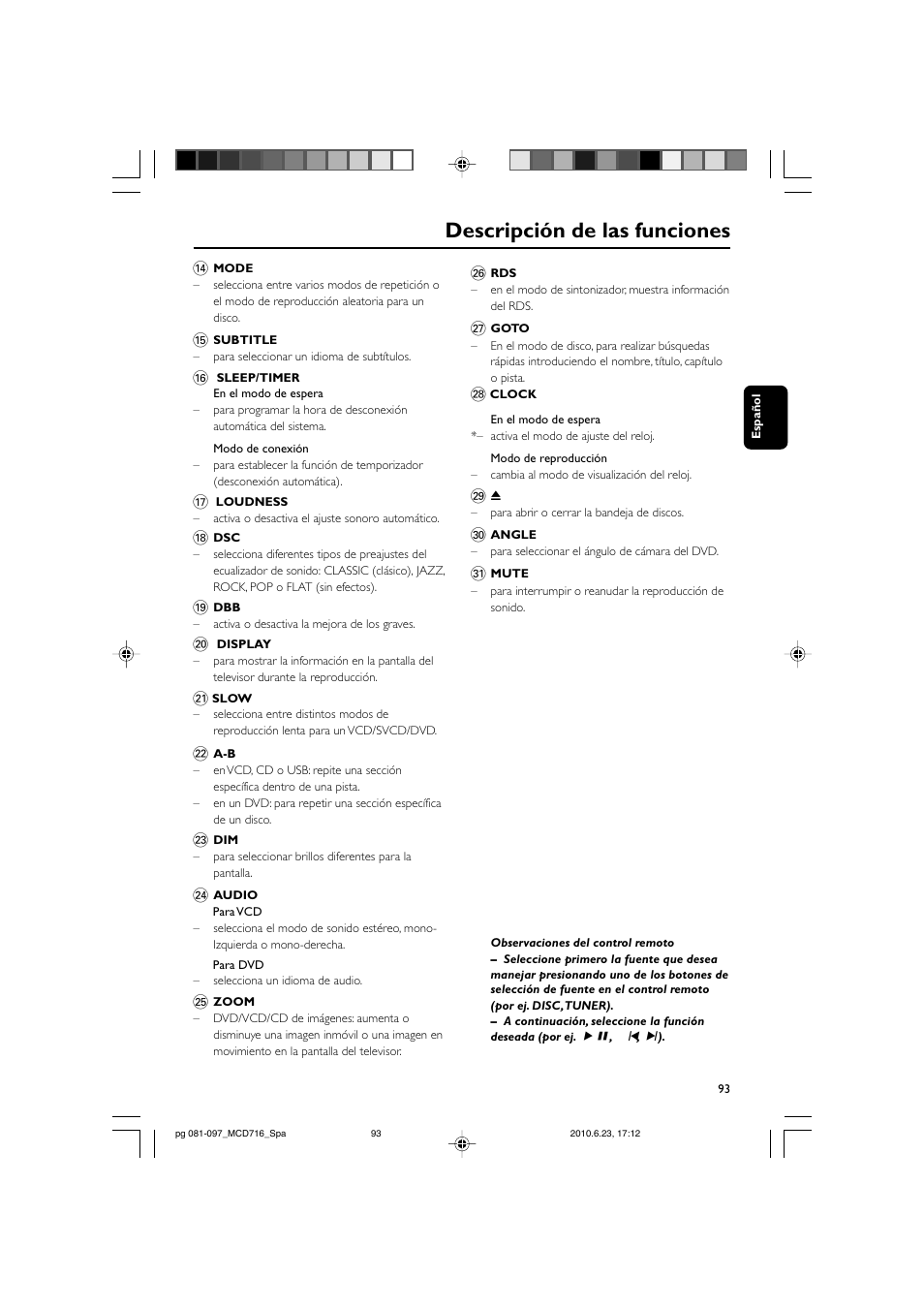 Descripción de las funciones | Philips Sistema Hi-Fi con componentes DVD User Manual | Page 18 / 44