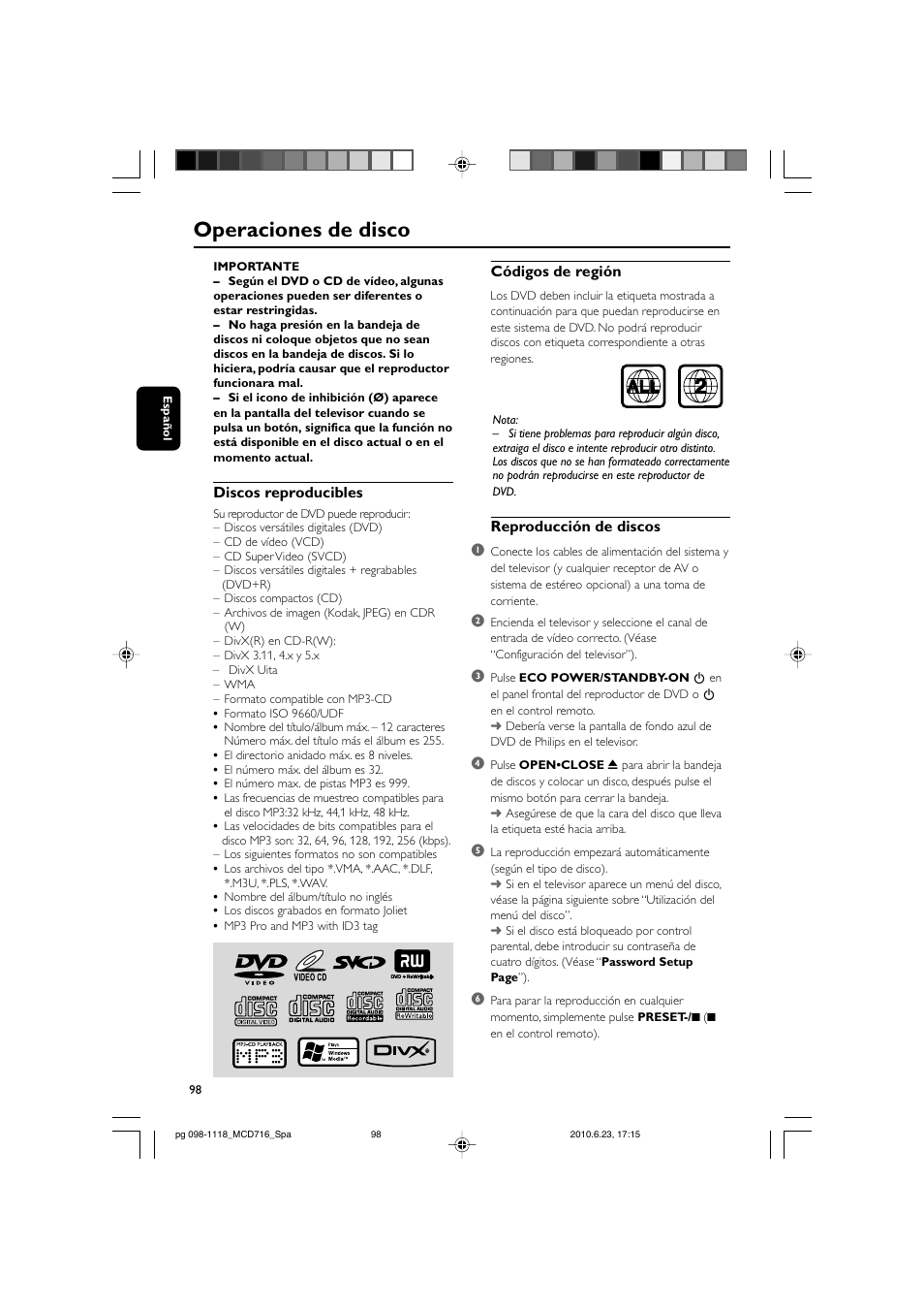 Operaciones de disco | Philips Sistema Hi-Fi con componentes DVD User Manual | Page 23 / 44