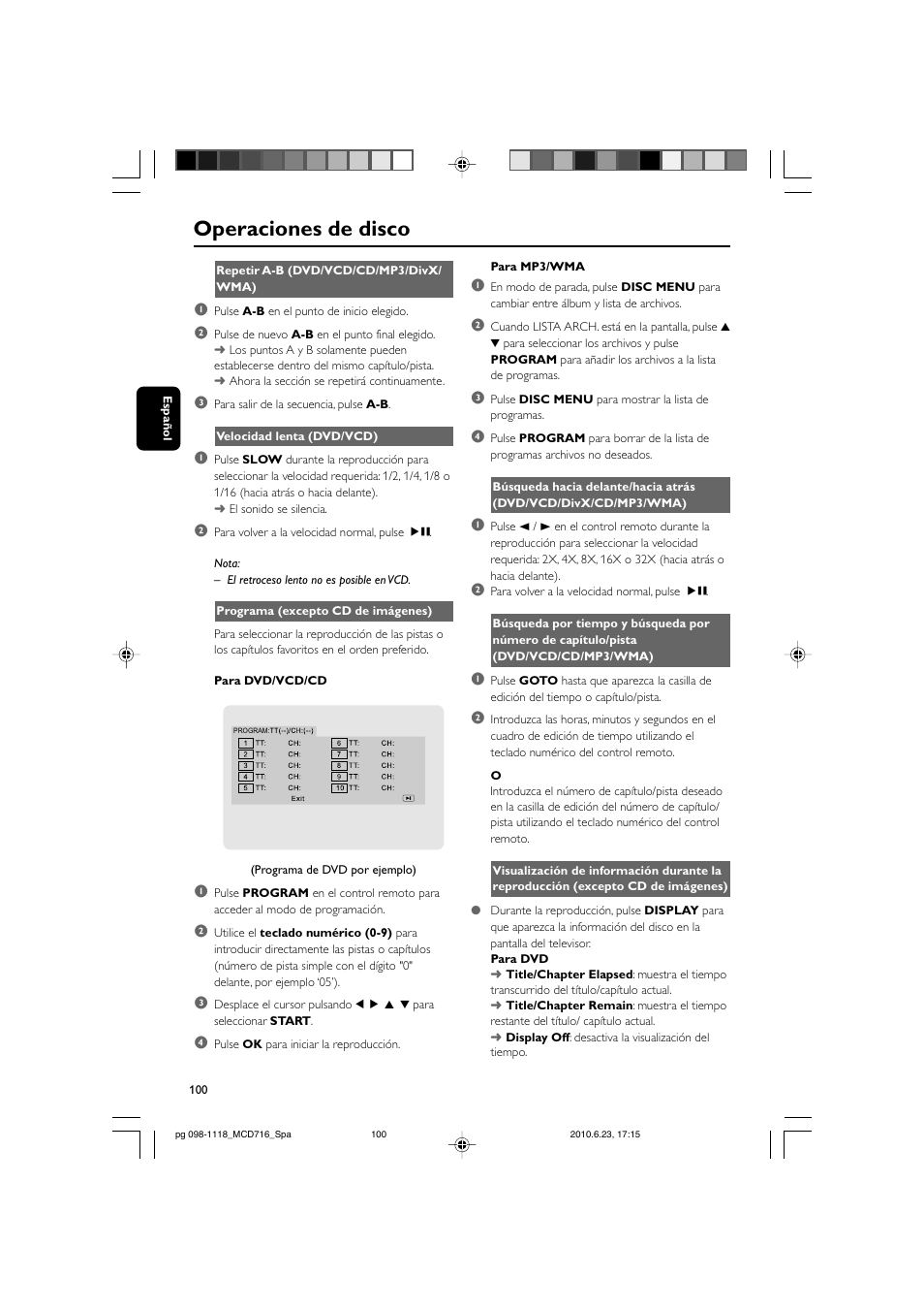 Operaciones de disco | Philips Sistema Hi-Fi con componentes DVD User Manual | Page 25 / 44
