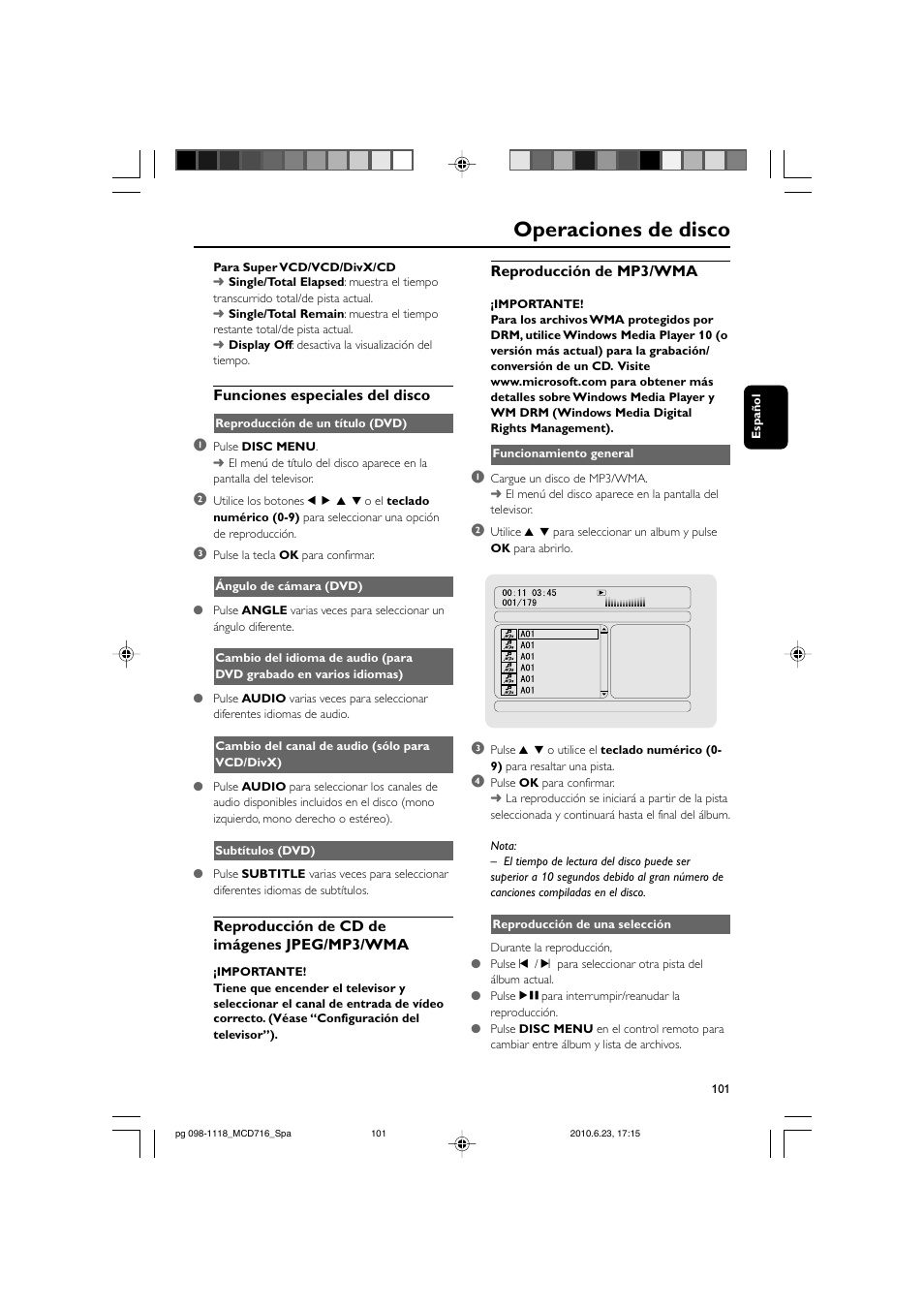Operaciones de disco | Philips Sistema Hi-Fi con componentes DVD User Manual | Page 26 / 44