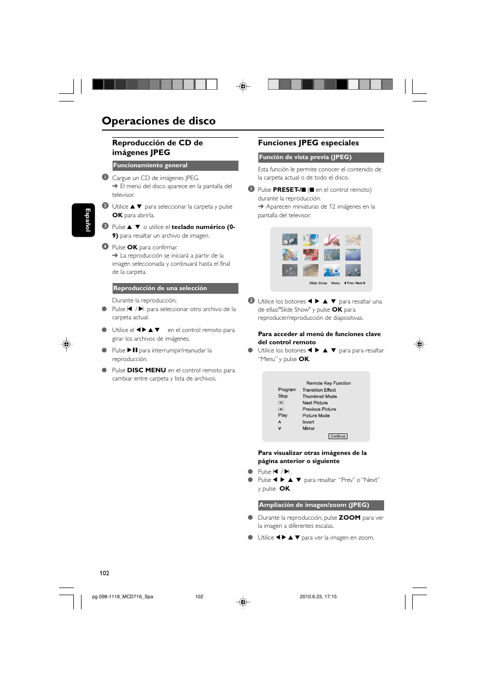 Operaciones de disco, Reproducción de cd de imágenes jpeg, Funciones jpeg especiales | Philips Sistema Hi-Fi con componentes DVD User Manual | Page 27 / 44