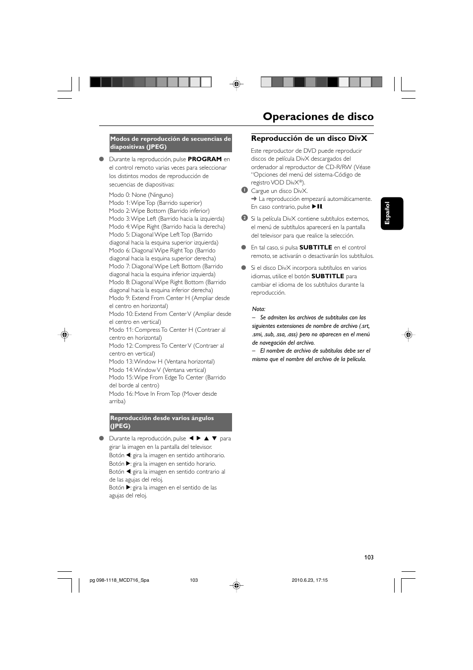 Operaciones de disco, Reproducción de un disco divx | Philips Sistema Hi-Fi con componentes DVD User Manual | Page 28 / 44