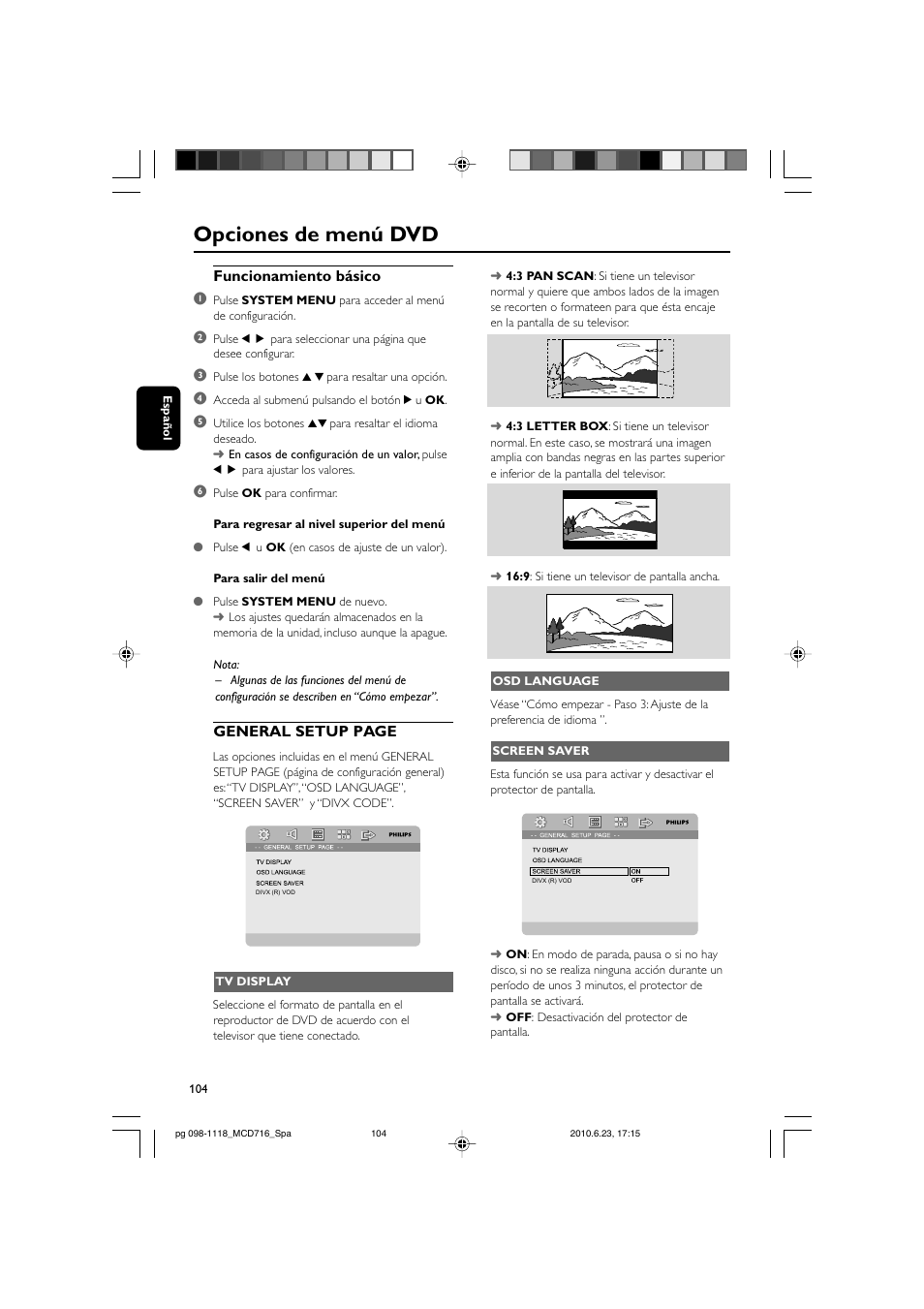 Opciones de menú dvd, Funcionamiento básico 1, General setup page | Philips Sistema Hi-Fi con componentes DVD User Manual | Page 29 / 44