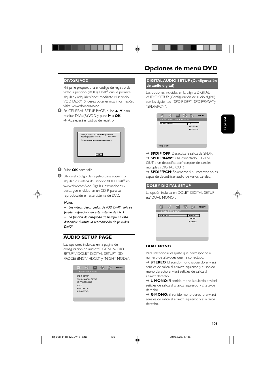 Opciones de menú dvd, Audio setup page | Philips Sistema Hi-Fi con componentes DVD User Manual | Page 30 / 44
