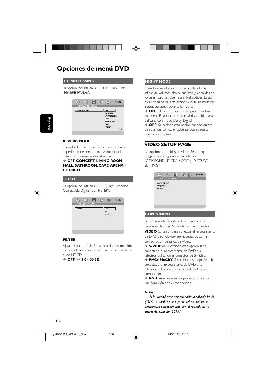 Opciones de menú dvd, Video setup page | Philips Sistema Hi-Fi con componentes DVD User Manual | Page 31 / 44