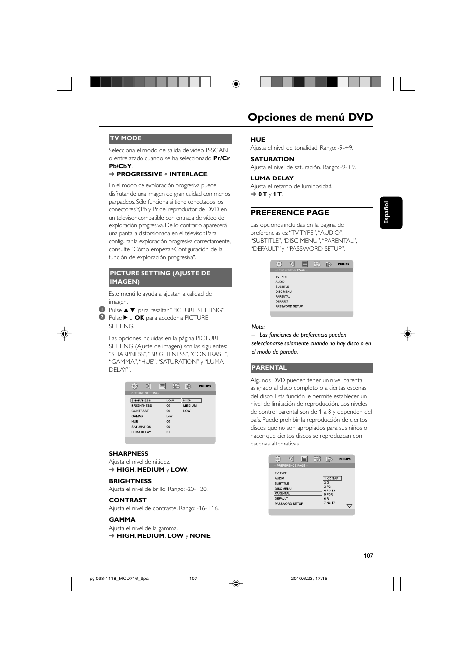 Opciones de menú dvd, Preference page | Philips Sistema Hi-Fi con componentes DVD User Manual | Page 32 / 44