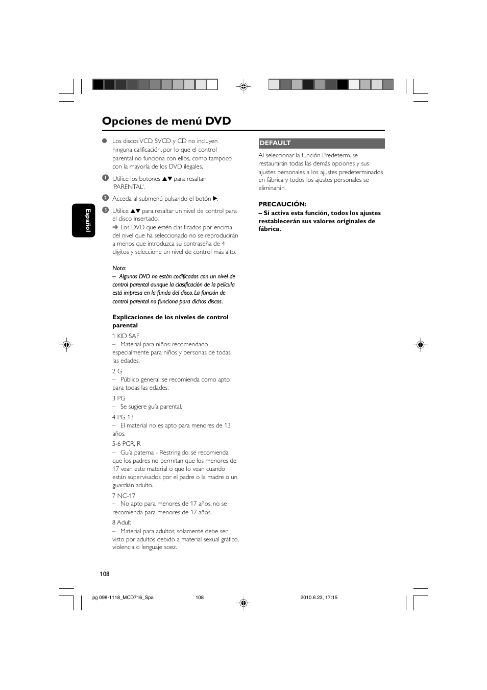 Opciones de menú dvd | Philips Sistema Hi-Fi con componentes DVD User Manual | Page 33 / 44