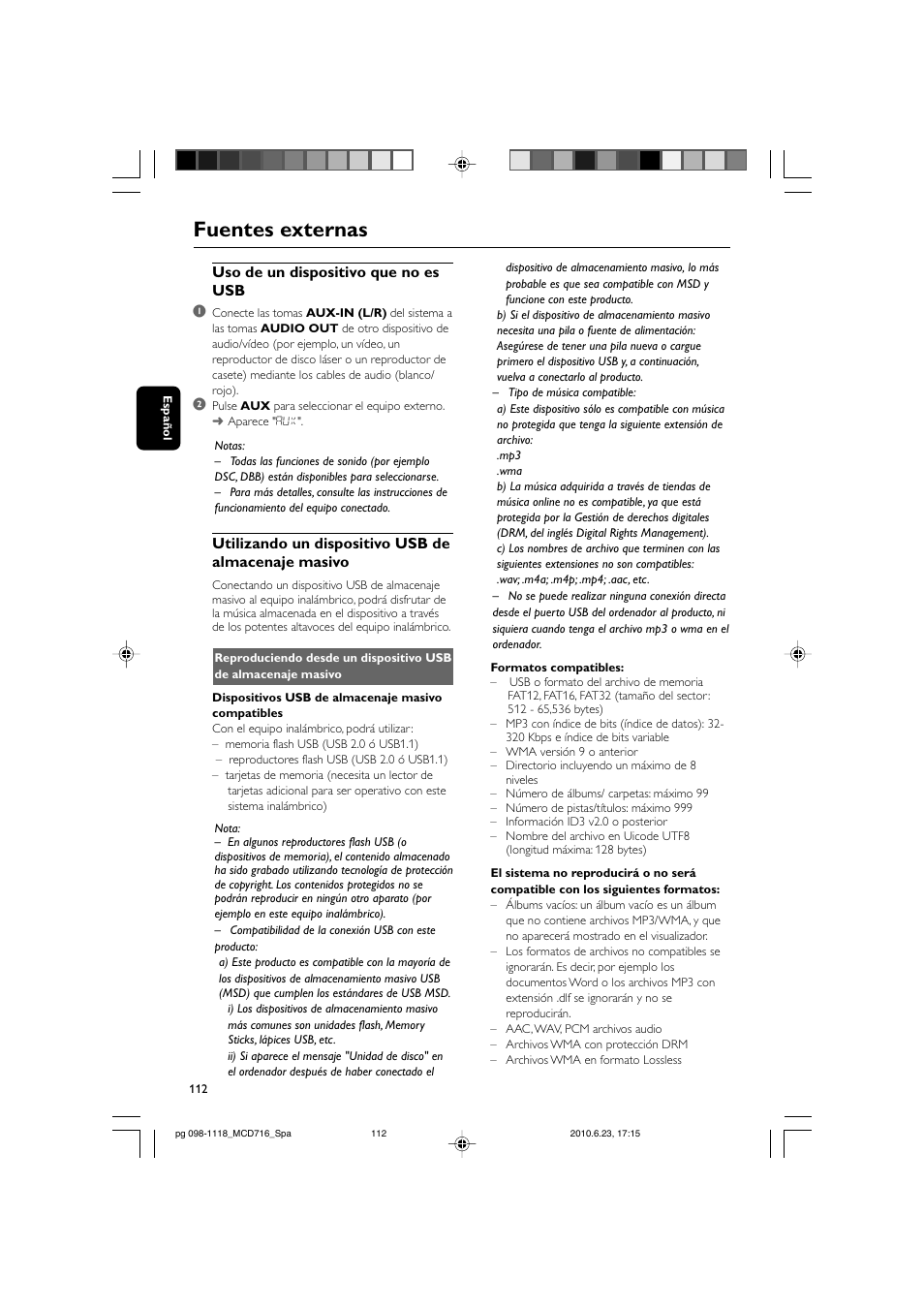 Fuentes externas, Uso de un dispositivo que no es usb 1, Utilizando un dispositivo usb de almacenaje masivo | Philips Sistema Hi-Fi con componentes DVD User Manual | Page 37 / 44