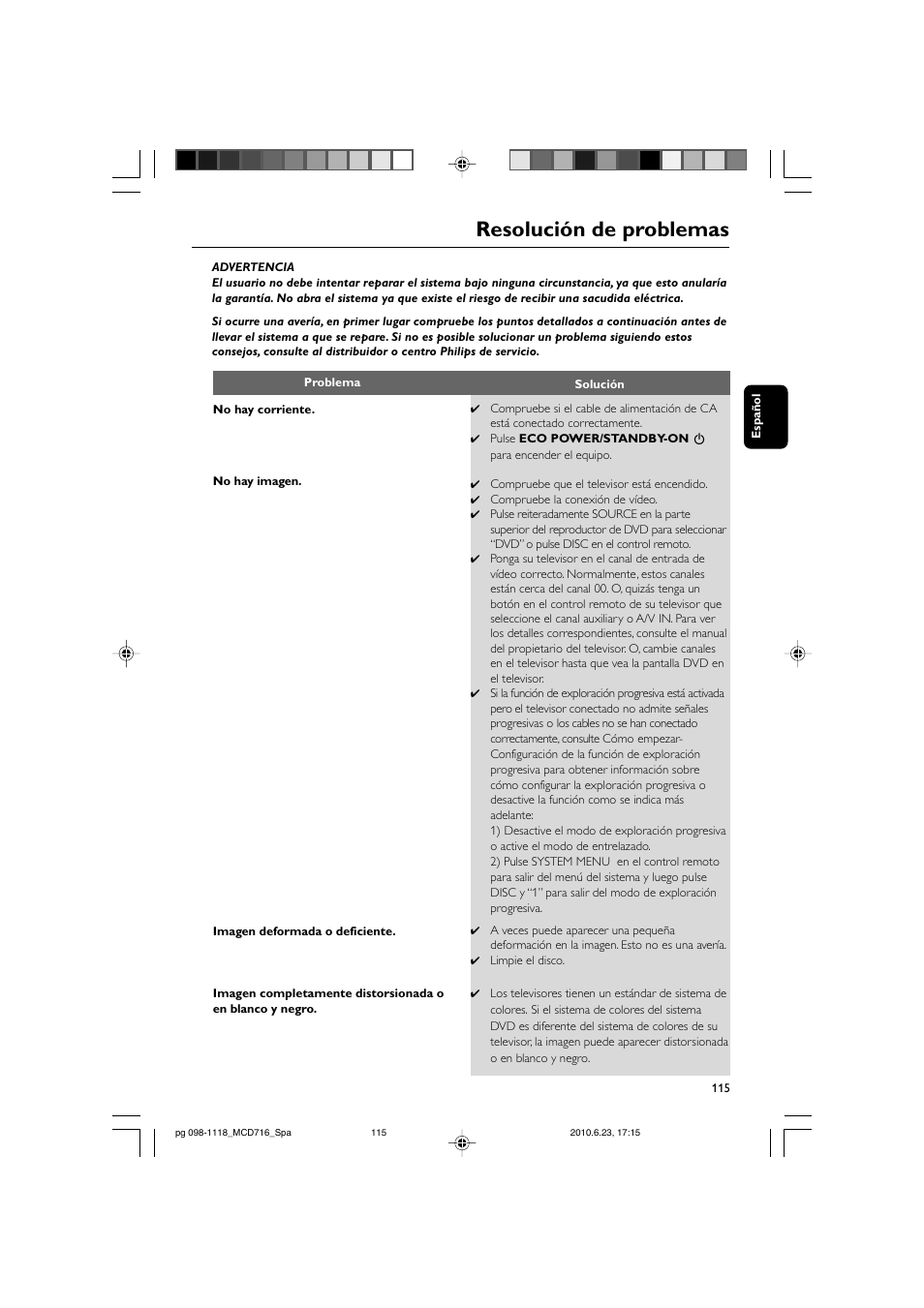 Resolución de problemas | Philips Sistema Hi-Fi con componentes DVD User Manual | Page 40 / 44
