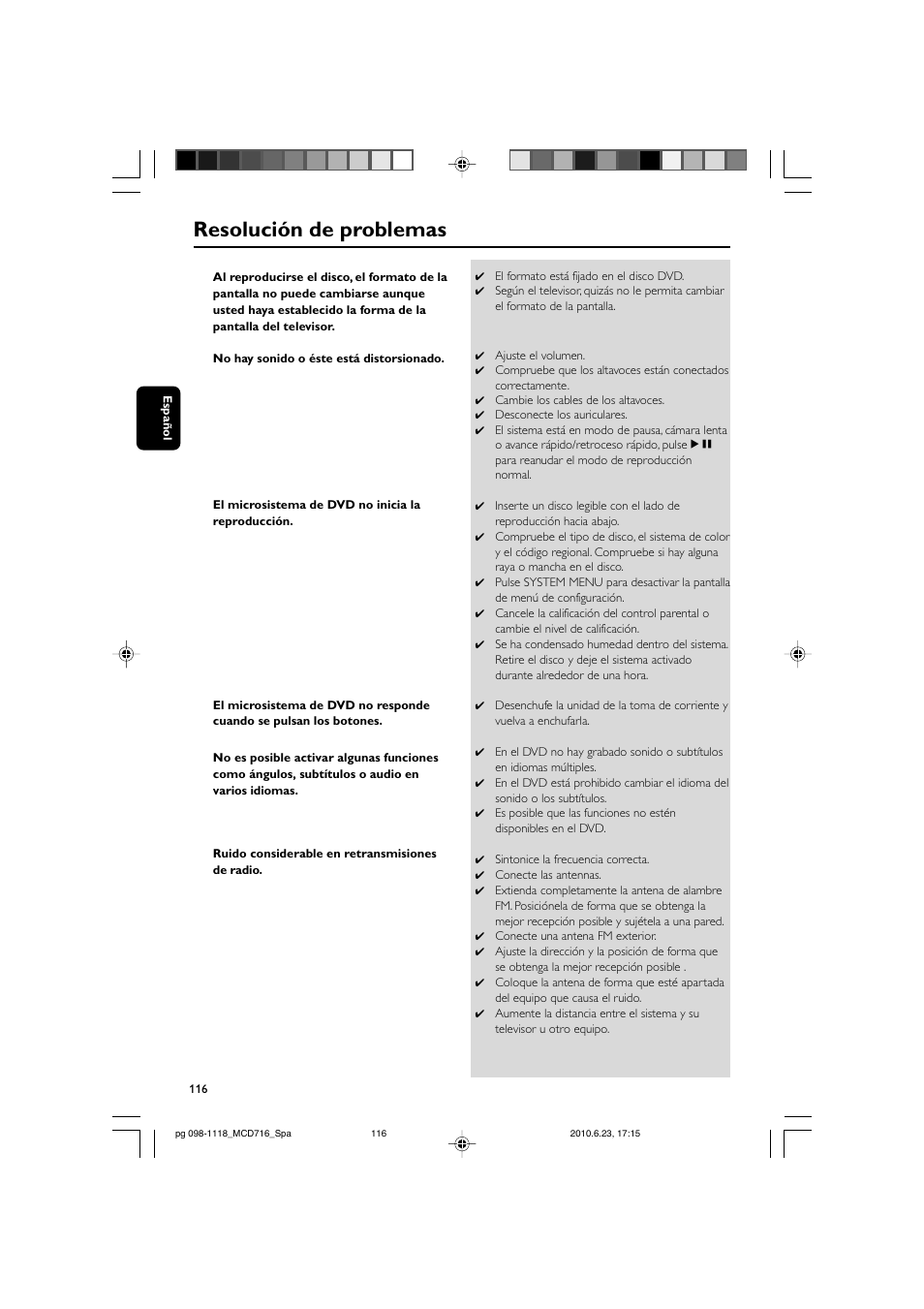 Resolución de problemas | Philips Sistema Hi-Fi con componentes DVD User Manual | Page 41 / 44