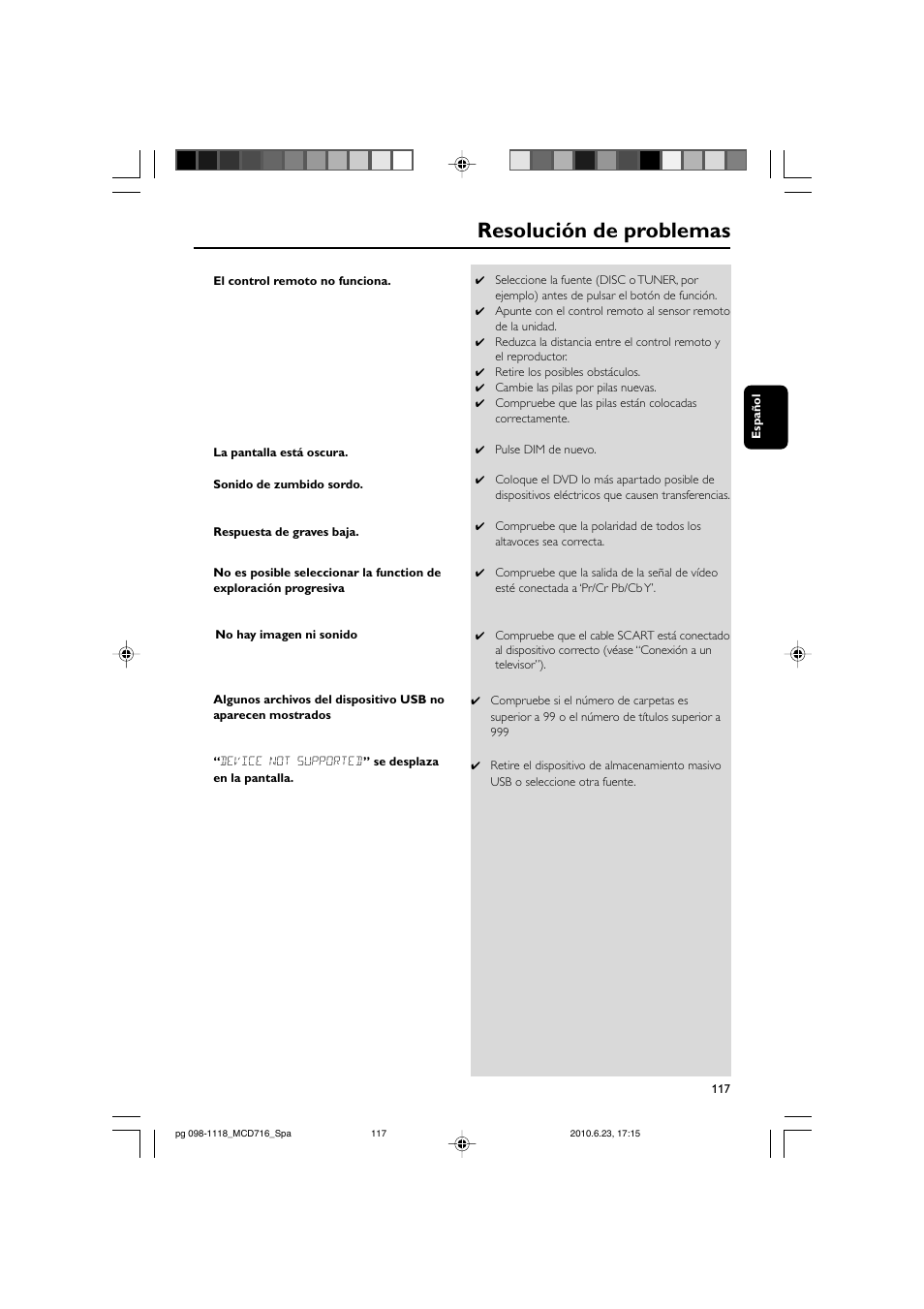 Resolución de problemas | Philips Sistema Hi-Fi con componentes DVD User Manual | Page 42 / 44