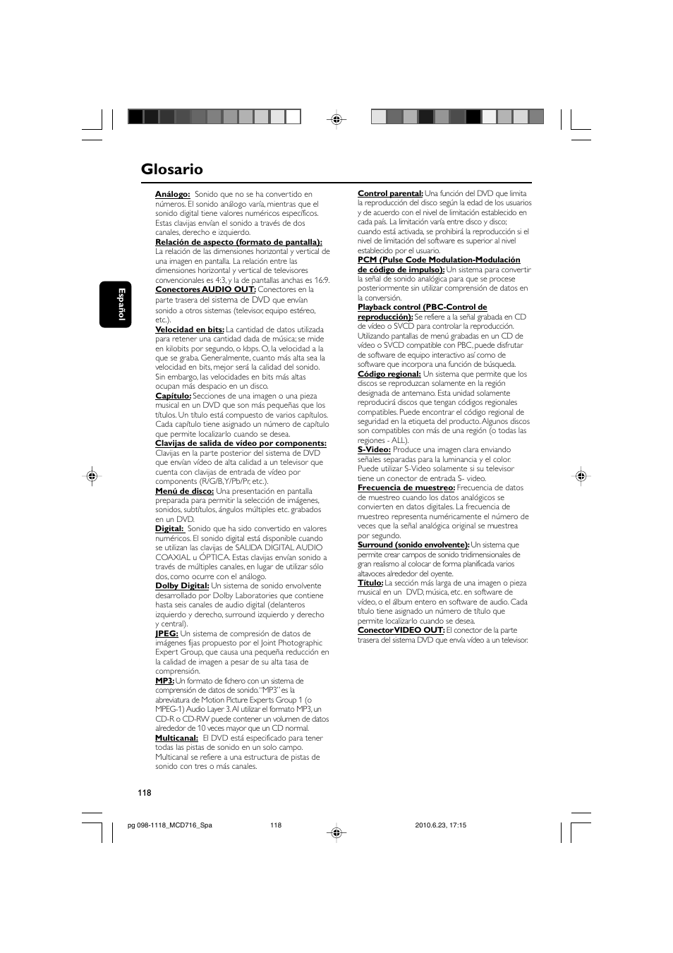 Glosario | Philips Sistema Hi-Fi con componentes DVD User Manual | Page 43 / 44