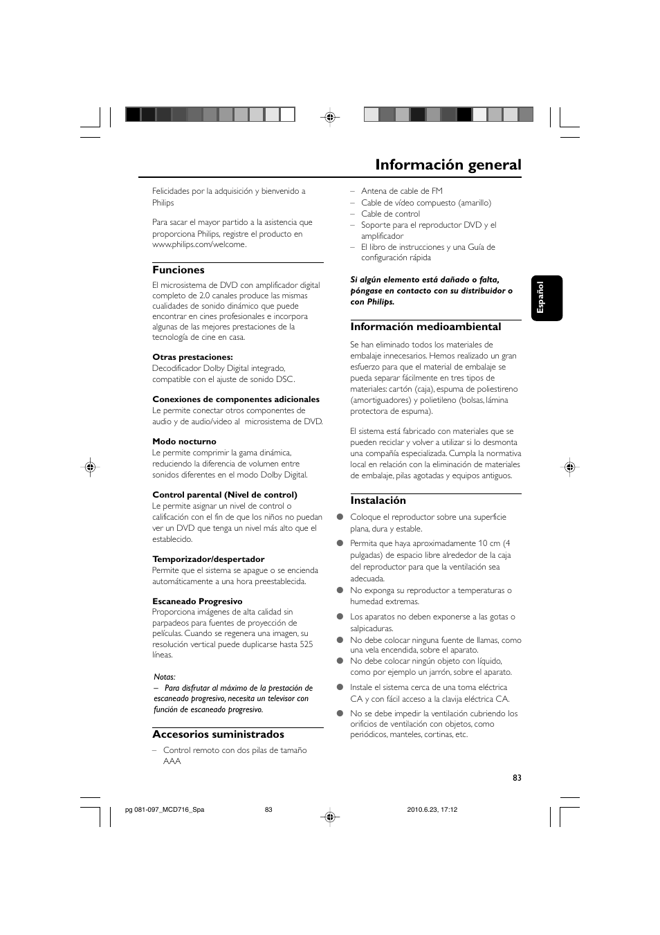 Información general, Funciones, Accesorios suministrados | Información medioambiental, Instalación | Philips Sistema Hi-Fi con componentes DVD User Manual | Page 8 / 44