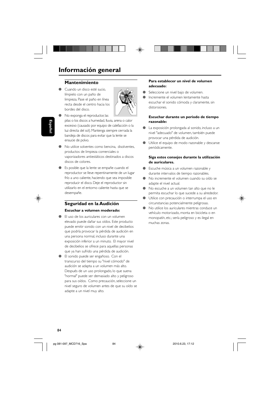 Información general, Mantenimiento, Seguridad en la audición | Philips Sistema Hi-Fi con componentes DVD User Manual | Page 9 / 44