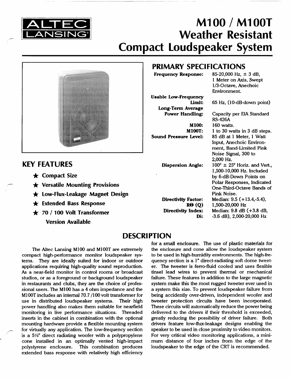 Altec Lansing M100T User Manual | 4 pages