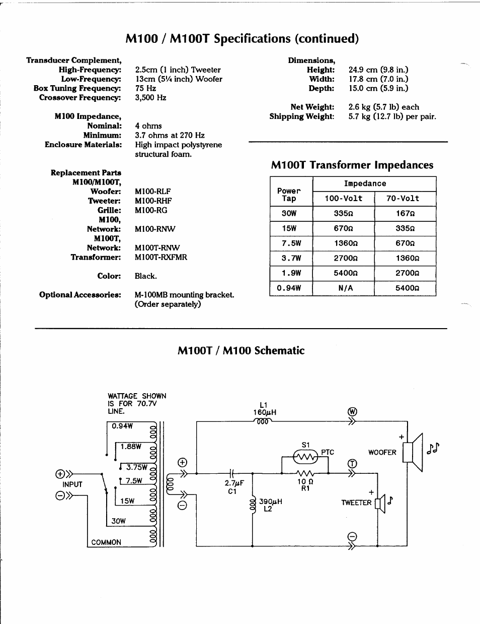 Ml 00 / m100t specifications (continued), J'ct, M-ioomb mounting bracket. (order separately) | Altec Lansing M100T User Manual | Page 2 / 4