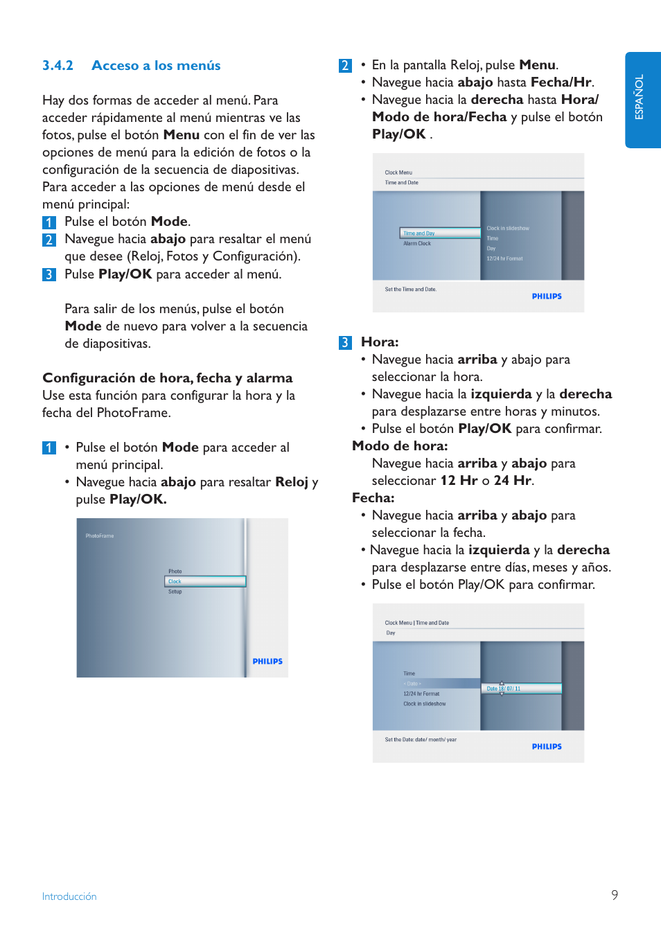 2 acceso a los menús | Philips PhotoFrame User Manual | Page 11 / 40