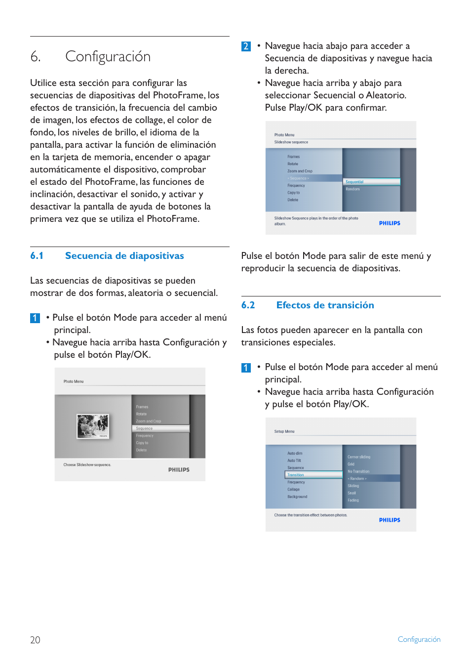 Configuración, 1 secuencia de diapositivas, 2 efectos de transición | Philips PhotoFrame User Manual | Page 22 / 40