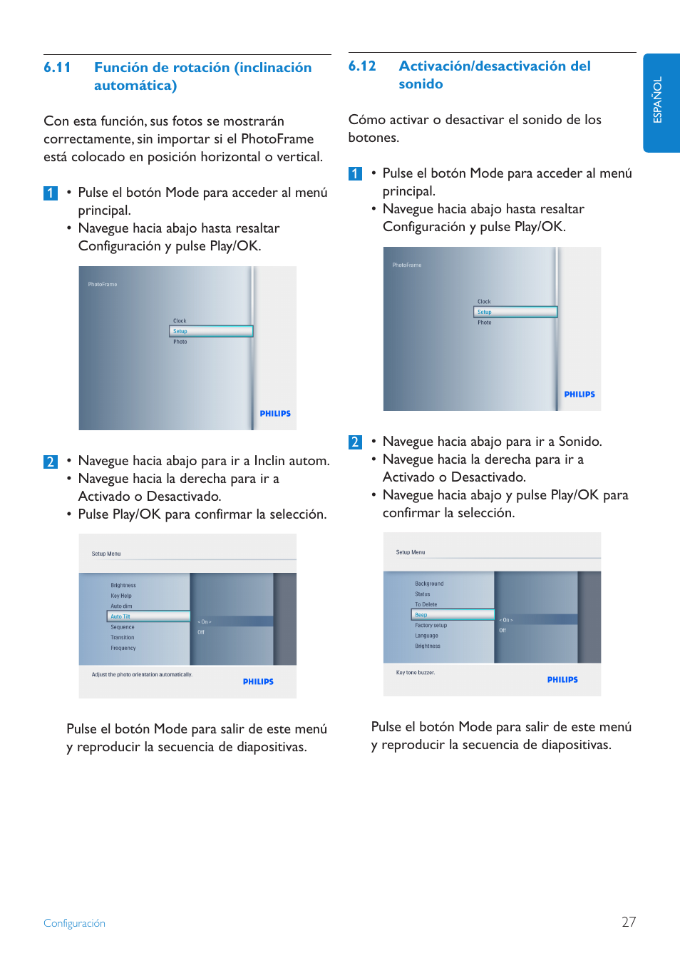 11 función de rotación (inclinación automática), 12 activación/desactivación del sonido | Philips PhotoFrame User Manual | Page 29 / 40
