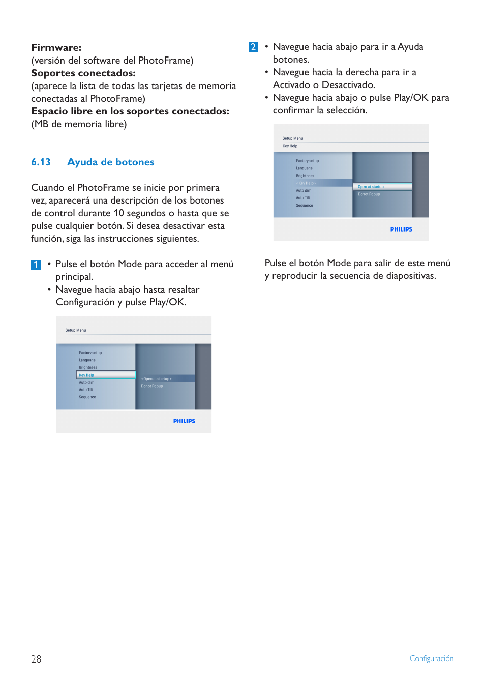 13 ayuda de botones | Philips PhotoFrame User Manual | Page 30 / 40