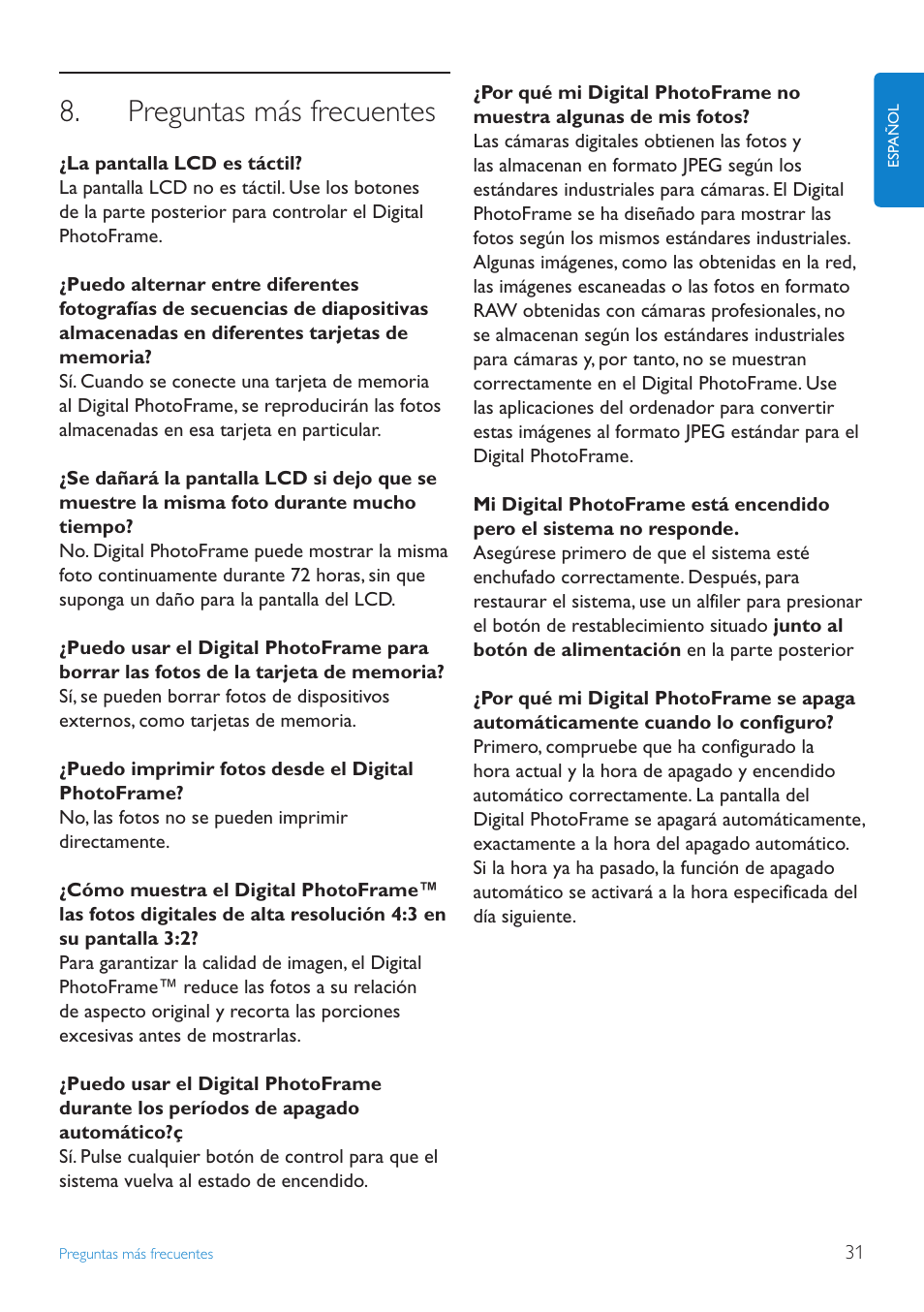 Preguntas más frecuentes | Philips PhotoFrame User Manual | Page 33 / 40
