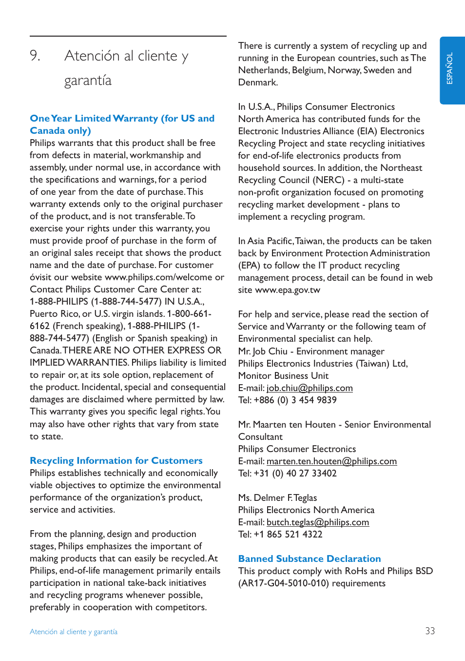 Atención al cliente y garantía, One year limited warranty (for us and ca, Recycling information for customers | Banned substance declaration | Philips PhotoFrame User Manual | Page 35 / 40