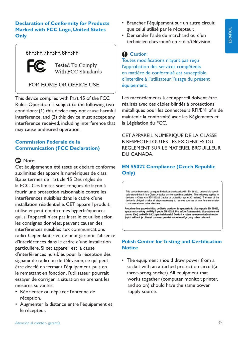 En 55022 compliance (czech republiconly), Polish center for testing and certificationnotice | Philips PhotoFrame User Manual | Page 37 / 40