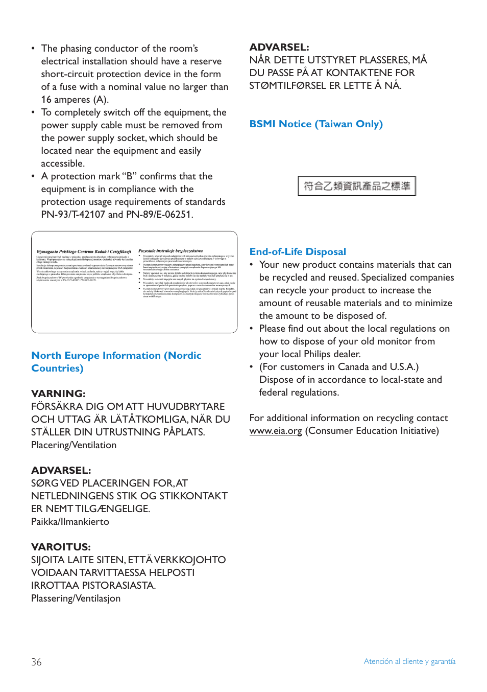 North europe information (nordiccountries), Bsmi notice (taiwan only), End-of-life disposal | Waste electronics and electricalequipment (weee) | Philips PhotoFrame User Manual | Page 38 / 40