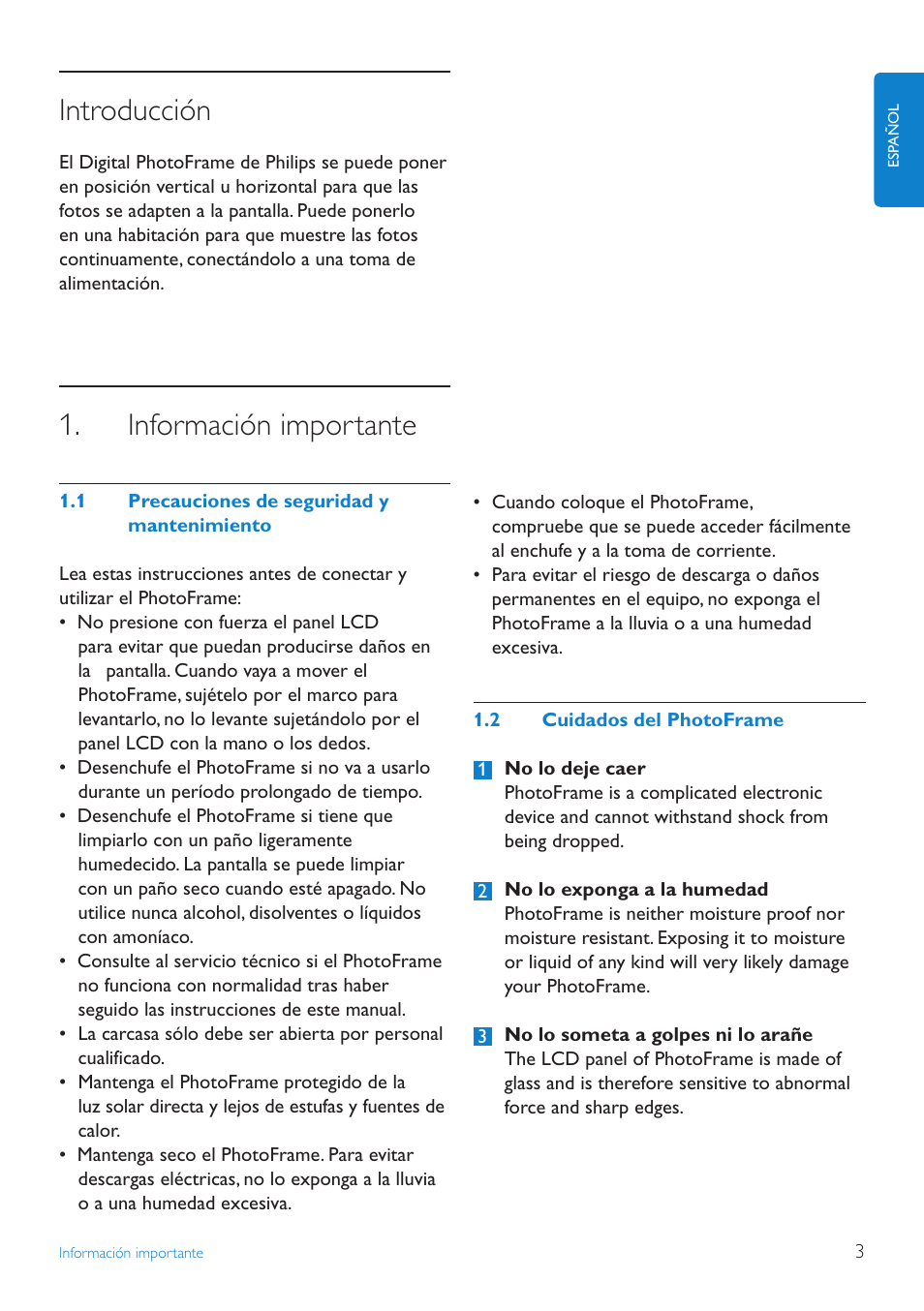 Introducción, Información importante, 1 precauciones de seguridad y mantenimiento | 2 cuidados del photoframe | Philips PhotoFrame User Manual | Page 5 / 40