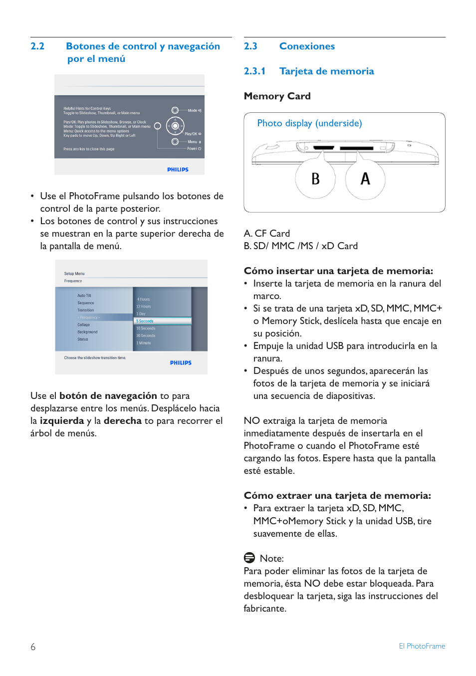 2 botones de control y navegación por el menú, 3 conexiones, 1 tarjeta de memoria | Philips PhotoFrame User Manual | Page 8 / 40