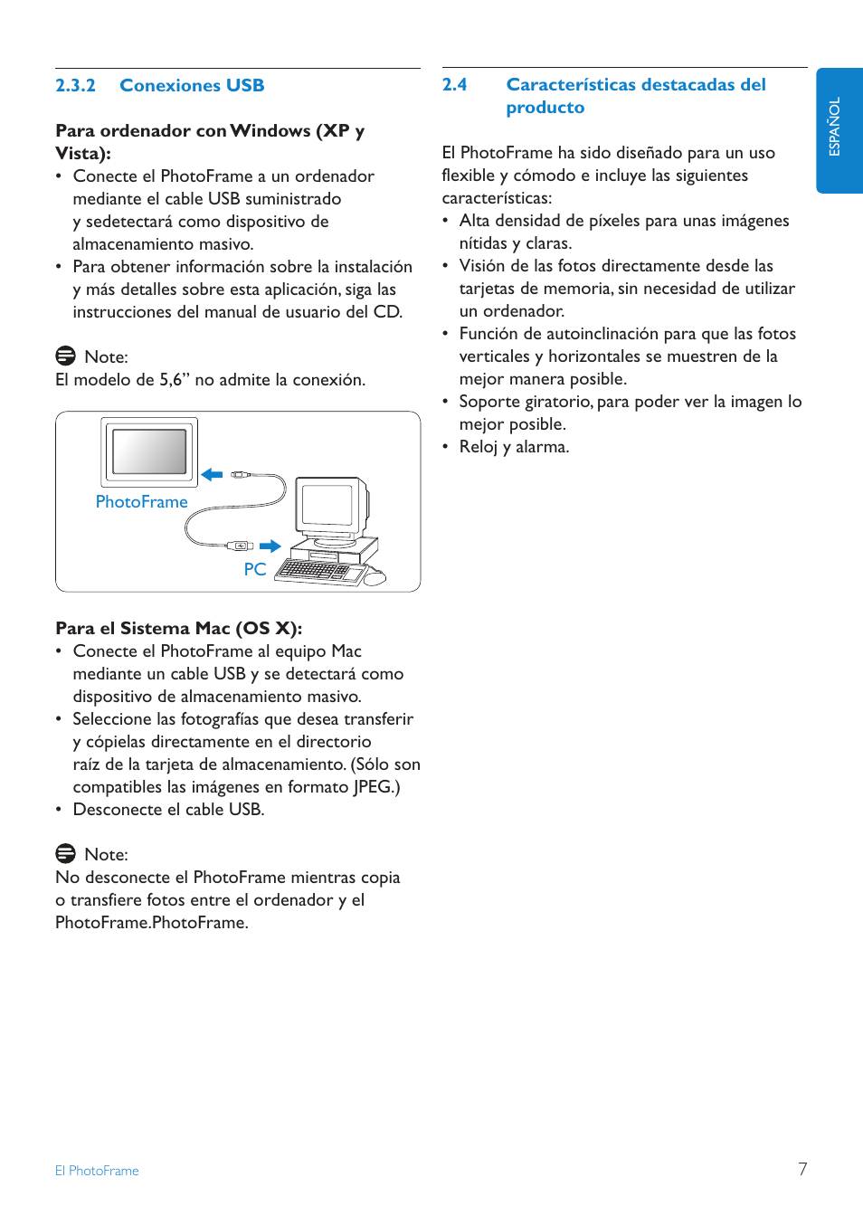 2 conexiones usb, 4 características destacadas del producto | Philips PhotoFrame User Manual | Page 9 / 40