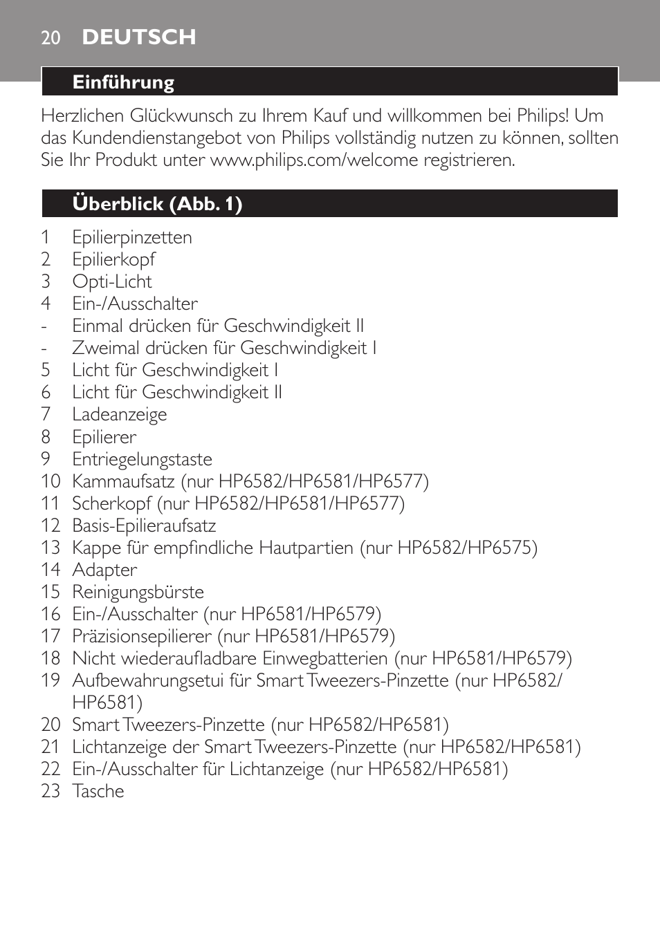 Deutsch, Deutsch 20 | Philips SatinPerfect Depiladora User Manual | Page 20 / 124