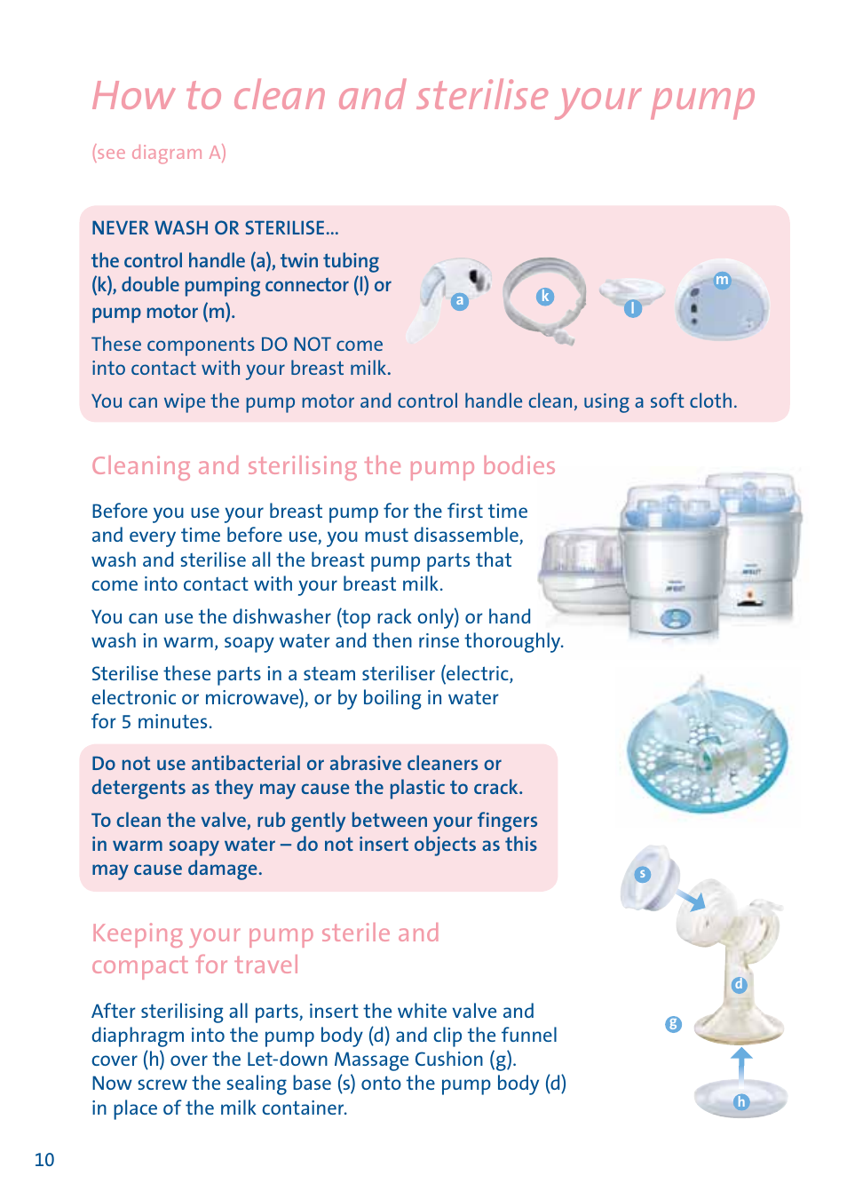 How to clean and sterilise your pump, Cleaning and sterilising the pump bodies, Keeping your pump sterile and compact for travel | Philips AVENT Equipo de extracción doble User Manual | Page 11 / 60