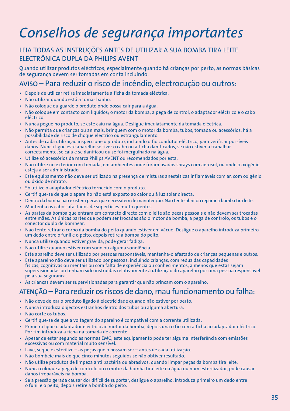 Conselhos de segurança importantes, Aviso, Atenção | Philips AVENT Equipo de extracción doble User Manual | Page 36 / 60