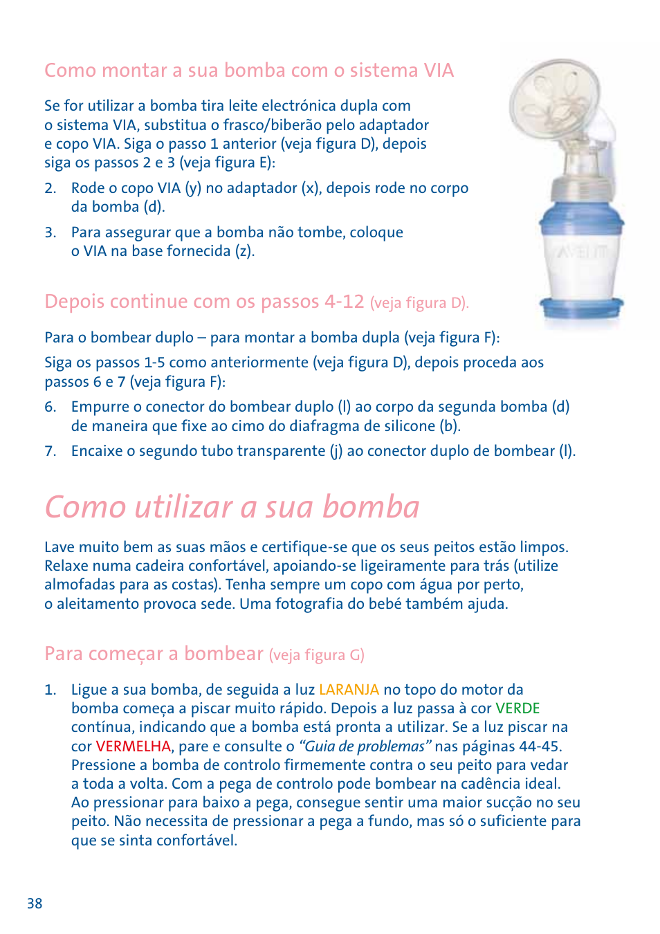 Como utilizar a sua bomba, Como montar a sua bomba com o sistema via, Depois continue com os passos 4-12 | Para começar a bombear | Philips AVENT Equipo de extracción doble User Manual | Page 39 / 60